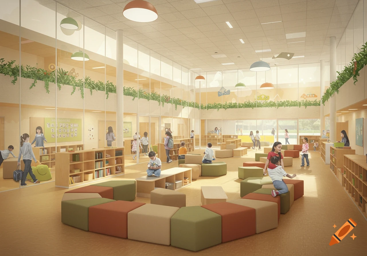 Bright, modern school interior with many children playing and reading among modular seating, bathed in natural light.