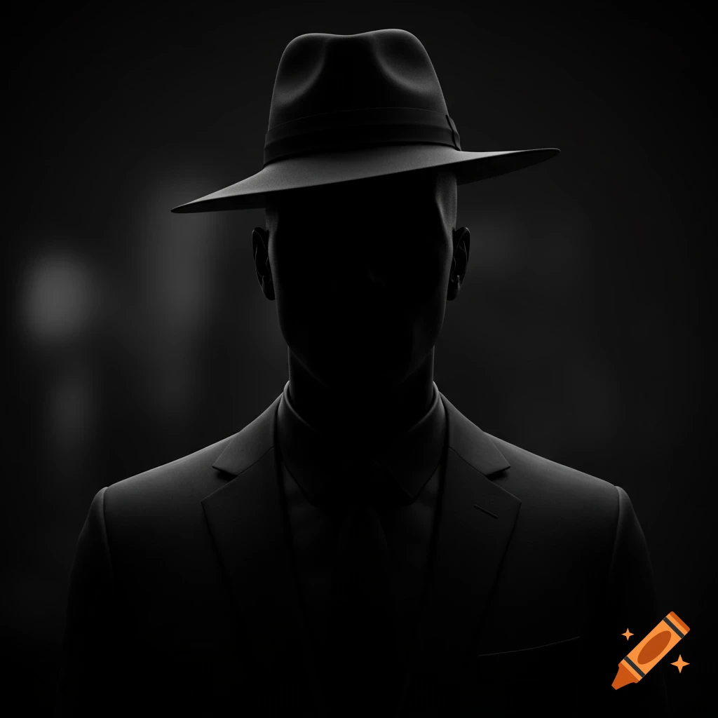 A silhouetted figure in a fedora and suit against a dark background, in a dramatic, minimalist style.