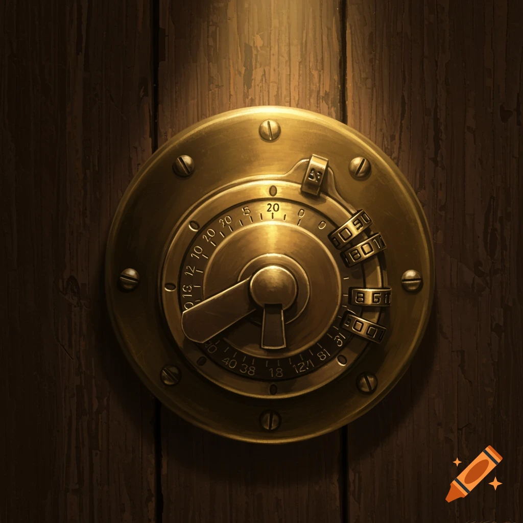 A detailed brass combination lock with numbers on a dark wooden door, lit from above.