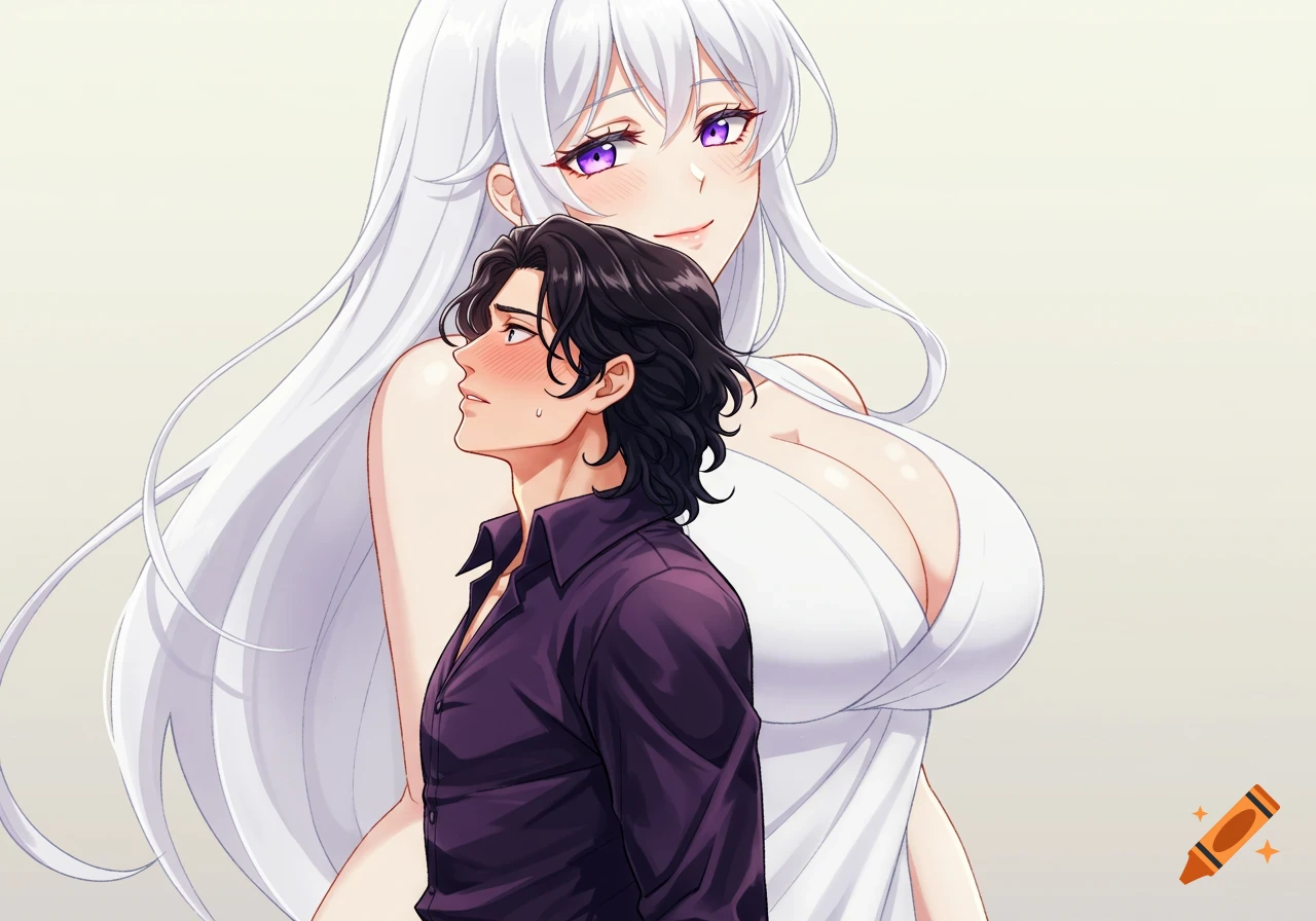 An anime man blushes and looks up in awe at a smiling giantess with long white hair and purple eyes.
