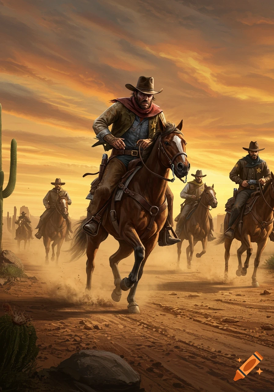 Cowboys on horseback ride through a dusty desert landscape under a fiery sunset sky, with saguaro cacti visible.