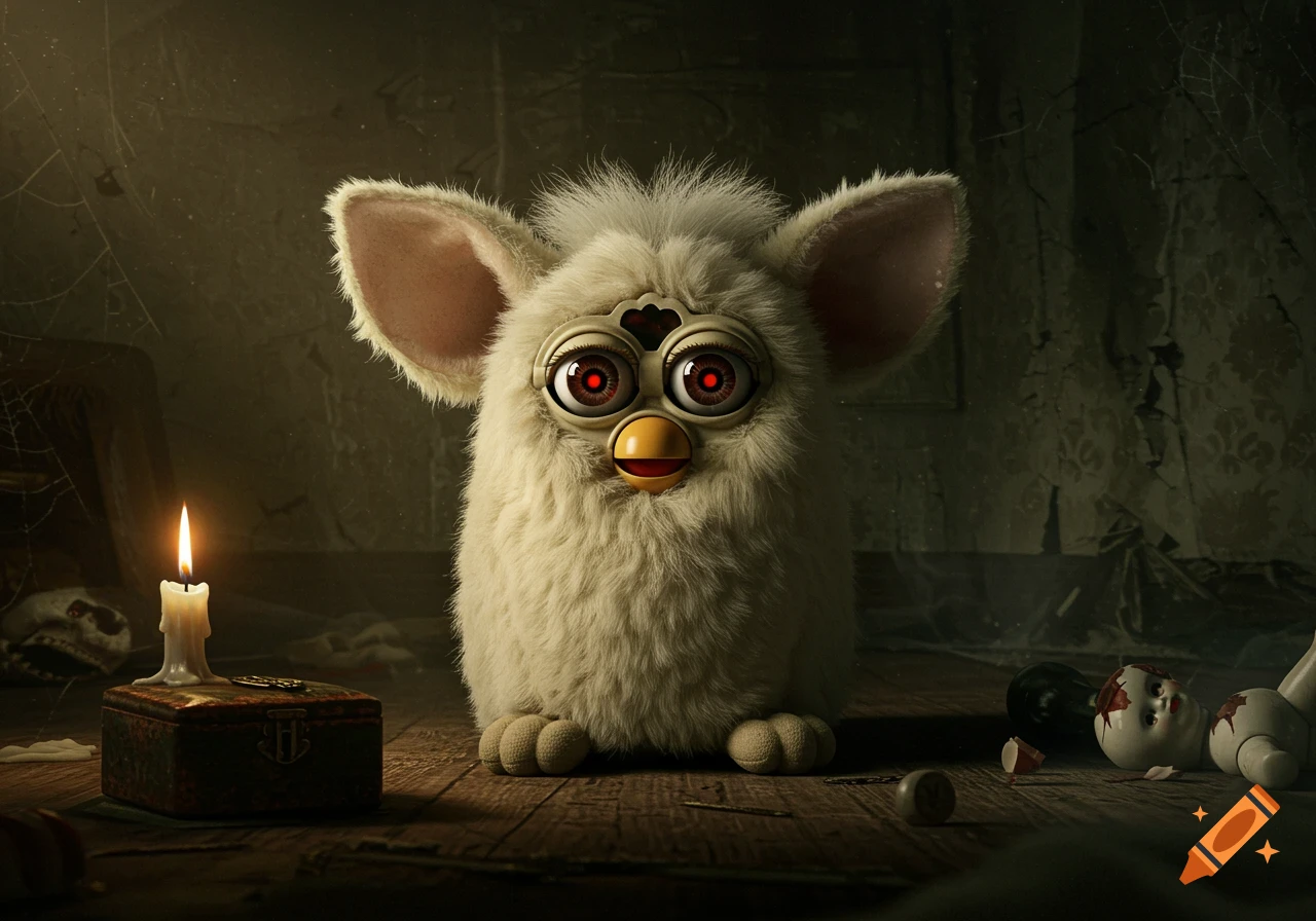 A horror-themed cream-colored Furby with glowing red eyes in a dark, eerie room with a lit candle and a broken doll head.