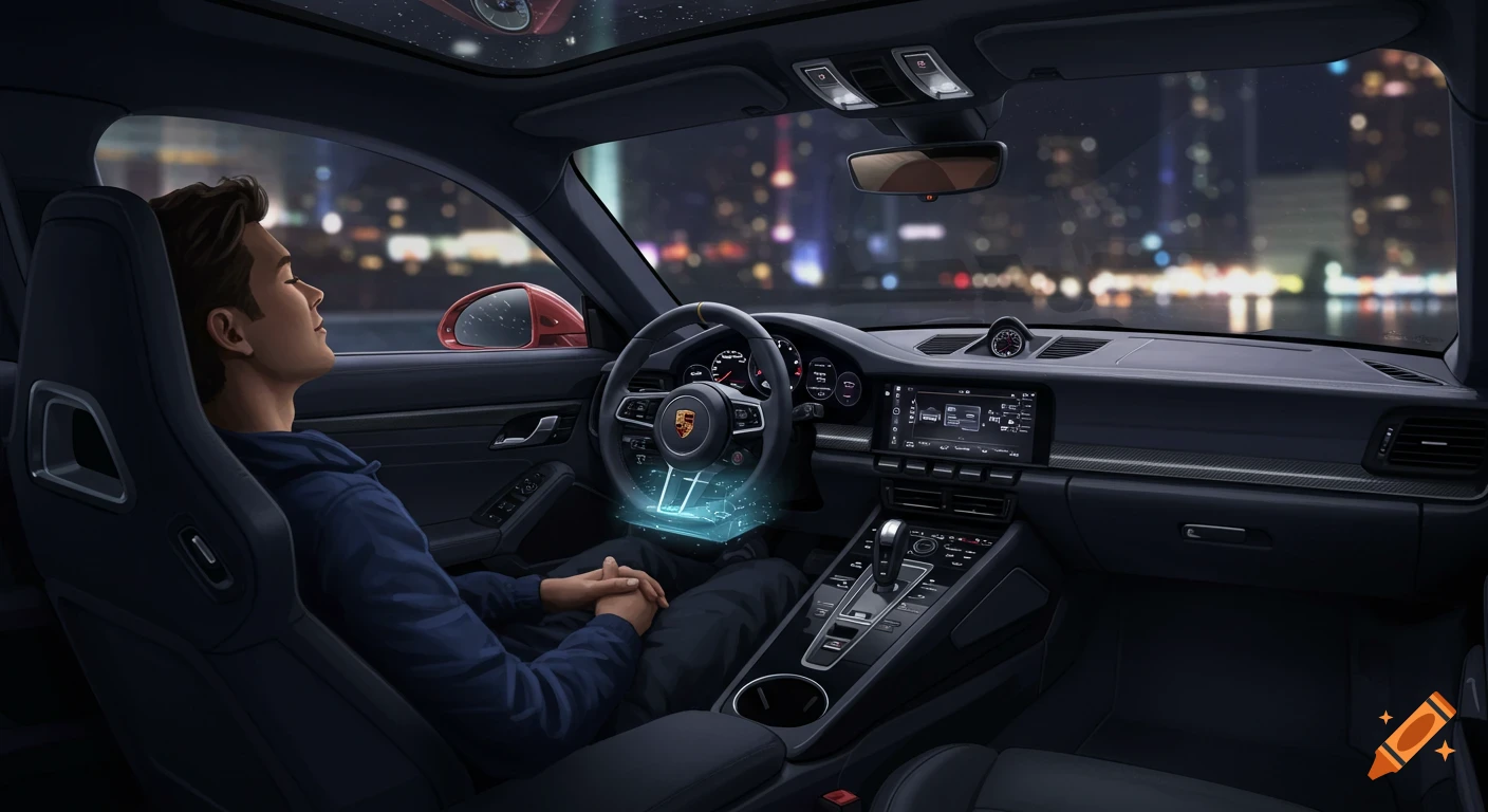 Interior view of a Porsche 911 at night, with a man seated, eyes closed, and hands clasped, as a blue AI interface floats above the steering wheel.