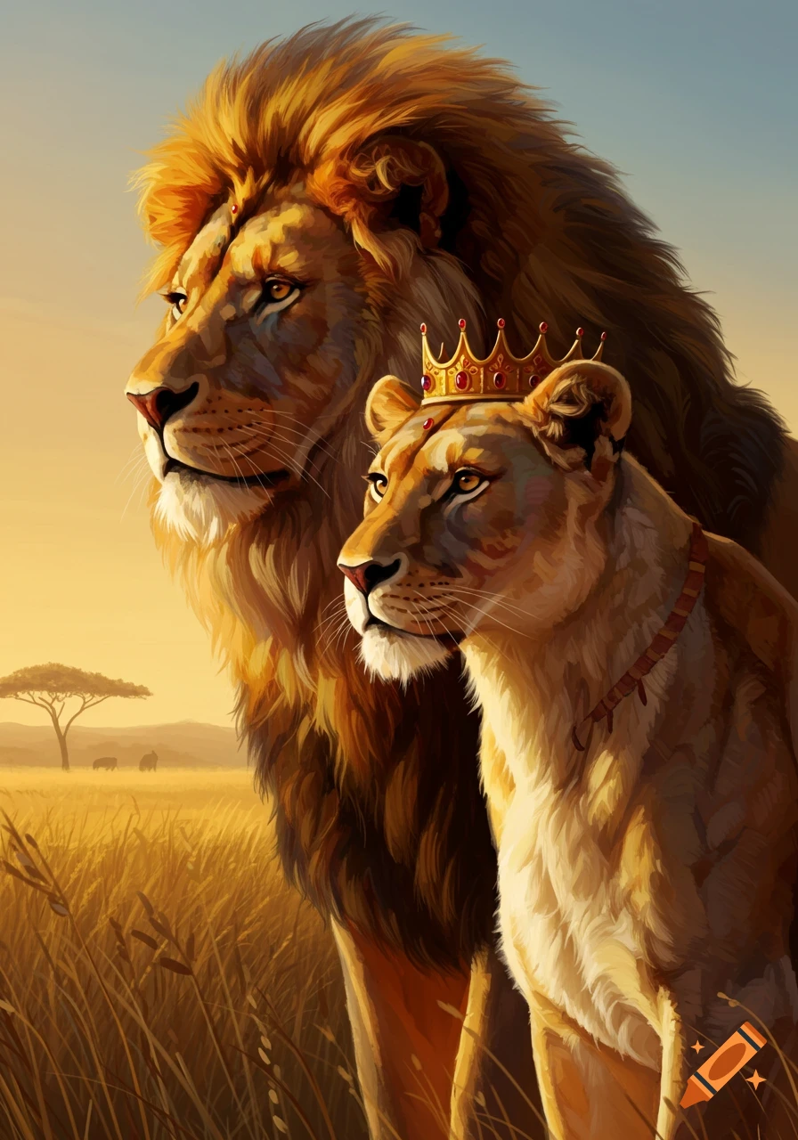 A male lion and a crowned lioness stand majestically in a golden savanna at sunset in a digital painting.