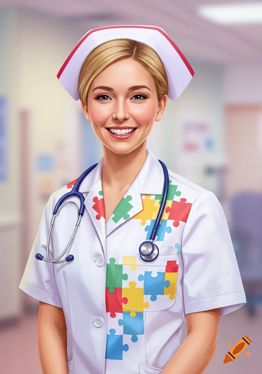 A smiling nurse with blonde hair wearing a white lab coat with a colorful puzzle-piece pattern and a stethoscope, in a hospital setting.