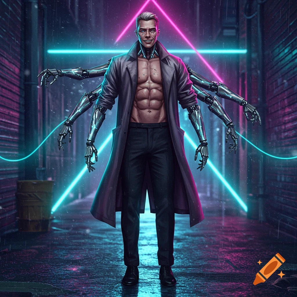 A muscular half-cyborg man with multiple robotic arms, a trench coat, and a mischievous smile, stands in a dark, neon-lit cyberpunk alley in the rain.