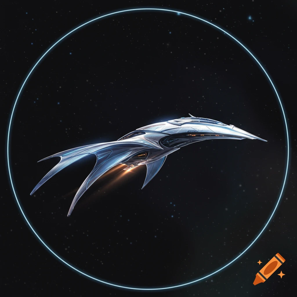 A sleek, futuristic spaceship with glowing engines flying through a starfield, encircled by a faint blue ring.
