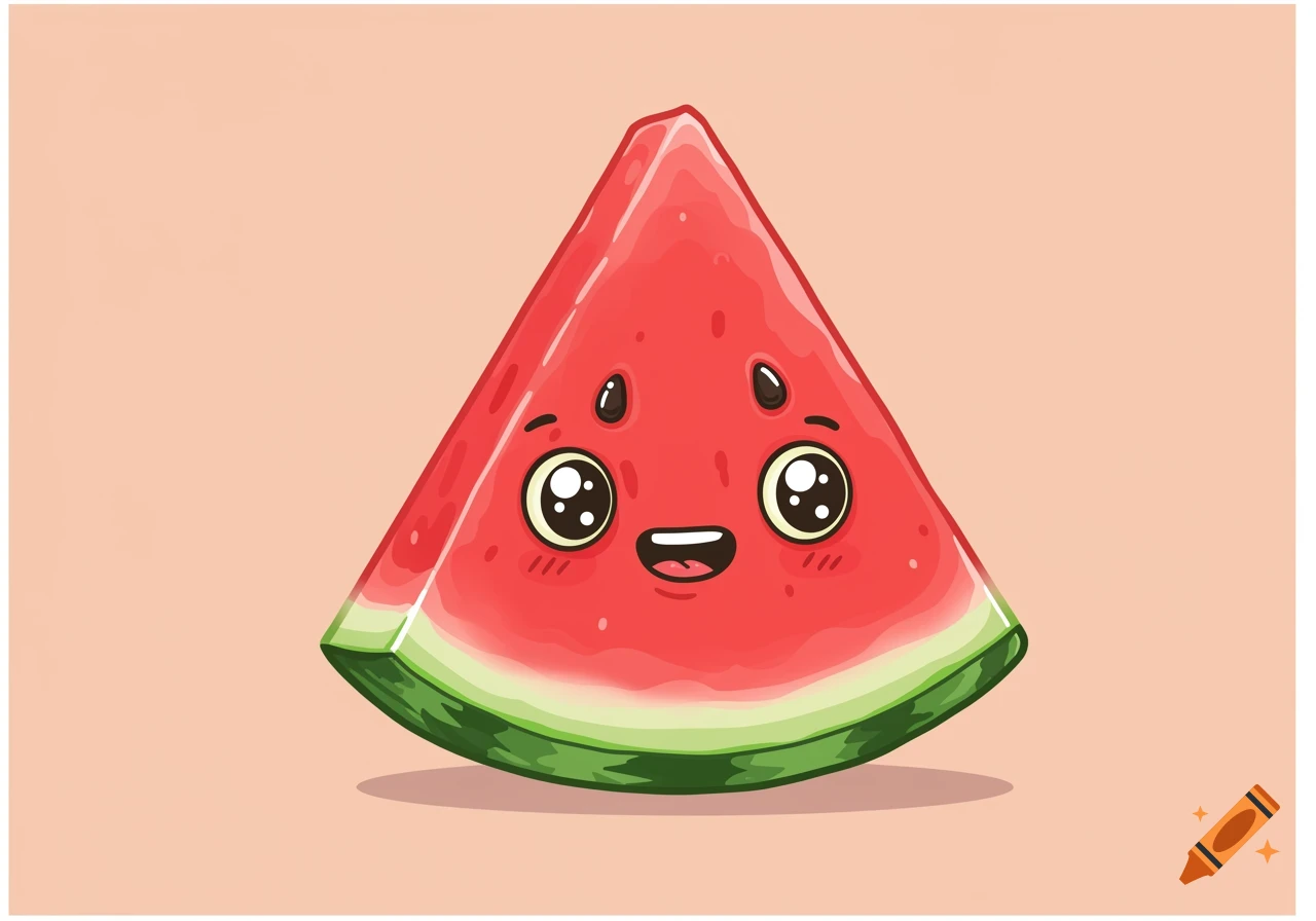 A cute, happy cartoon watermelon slice with large eyes and a smile on a light pink background.