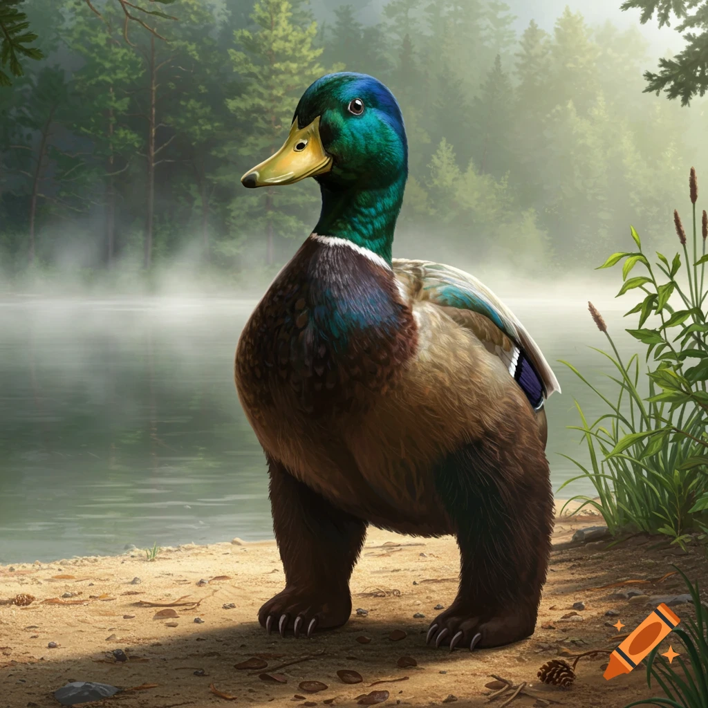 A photorealistic creature with a mallard duck's head and body, and a bear's furry legs and paws, stands by a misty lake in a forest.