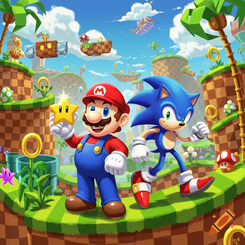 Mario holds a super star while Sonic runs through a vibrant, cartoonish video game landscape featuring elements from both series.