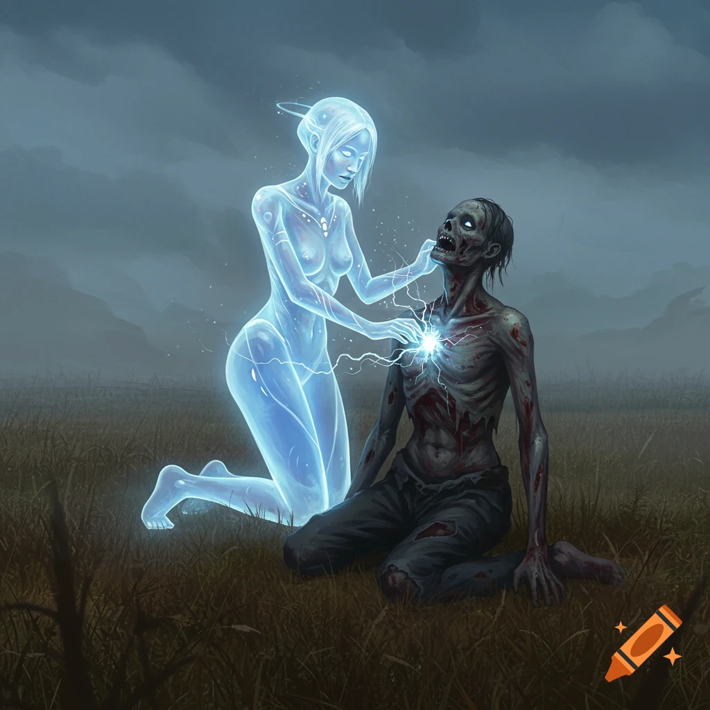 A glowing, translucent blue ethereal woman kneels, touching the chest of a kneeling, decaying zombie in a grassy, misty field, with blue lightning emanating from the zombie's chest.
