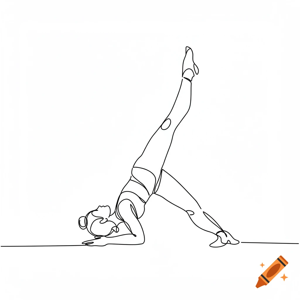 Minimalist black and white single-line drawing of a person in a yoga pose with one leg extended upwards.