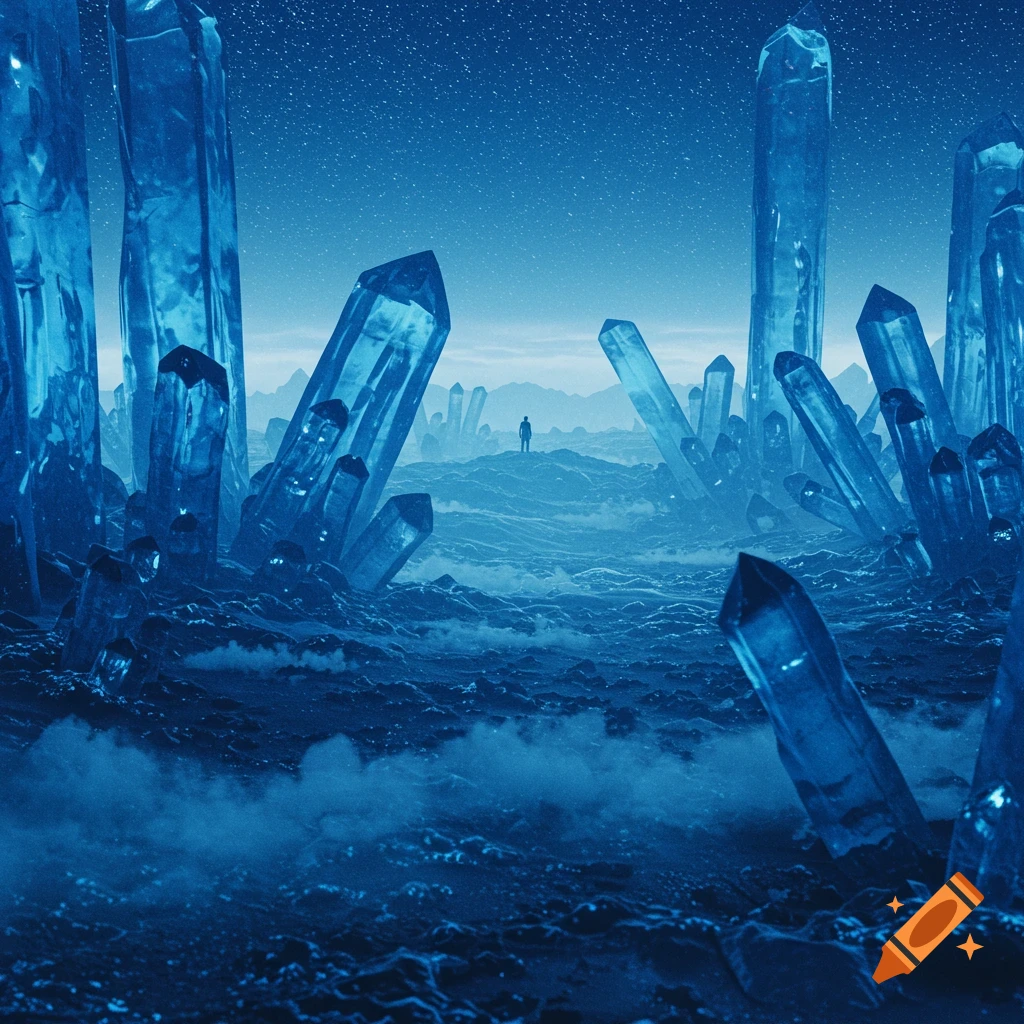 A lone figure stands amidst towering blue crystalline structures in a surreal, otherworldly landscape under a starry sky.
