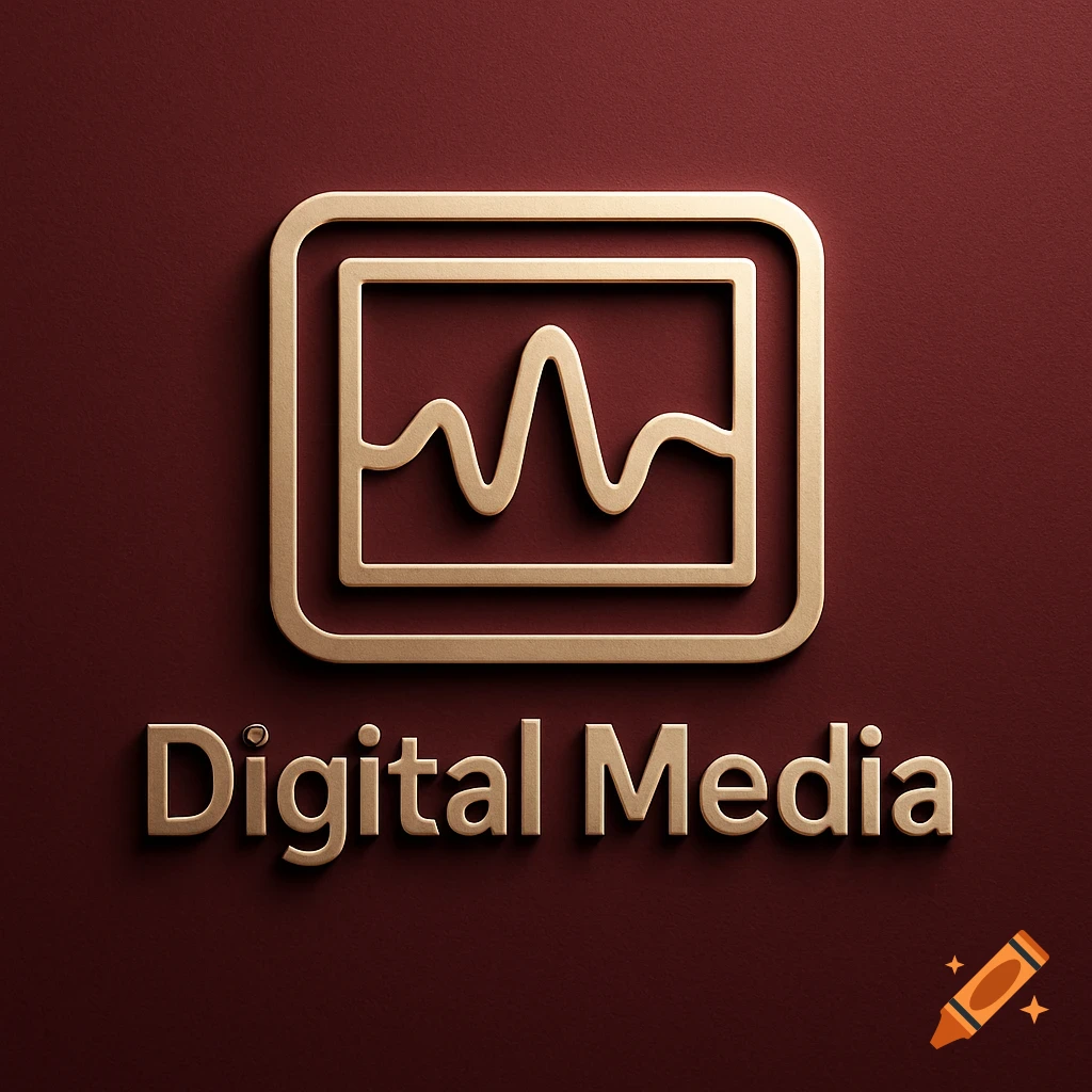 A 3D golden icon featuring a waveform inside a rounded rectangle, above the words 'Digital Media', on a burgundy background.