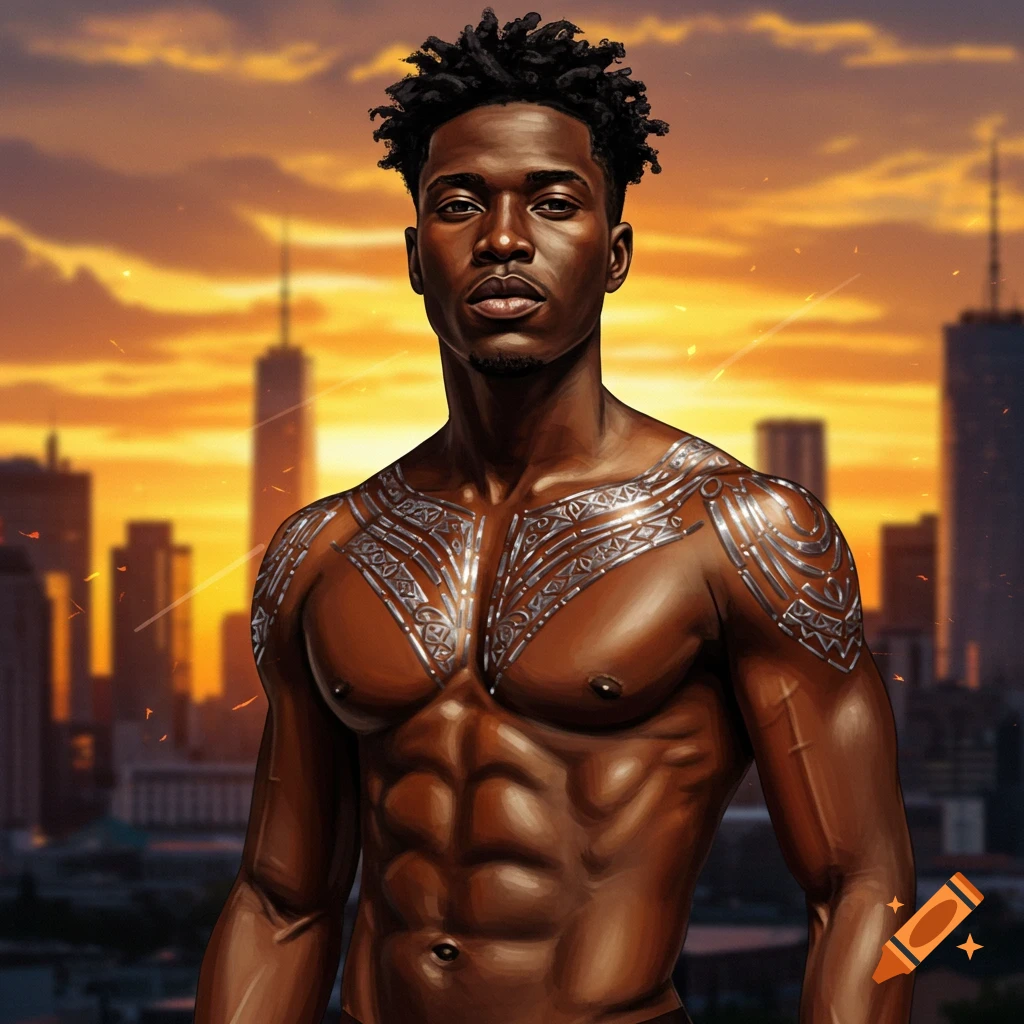 A muscular Black man with intricate silver body markings stands shirtless against a vibrant sunset city skyline, digital art.