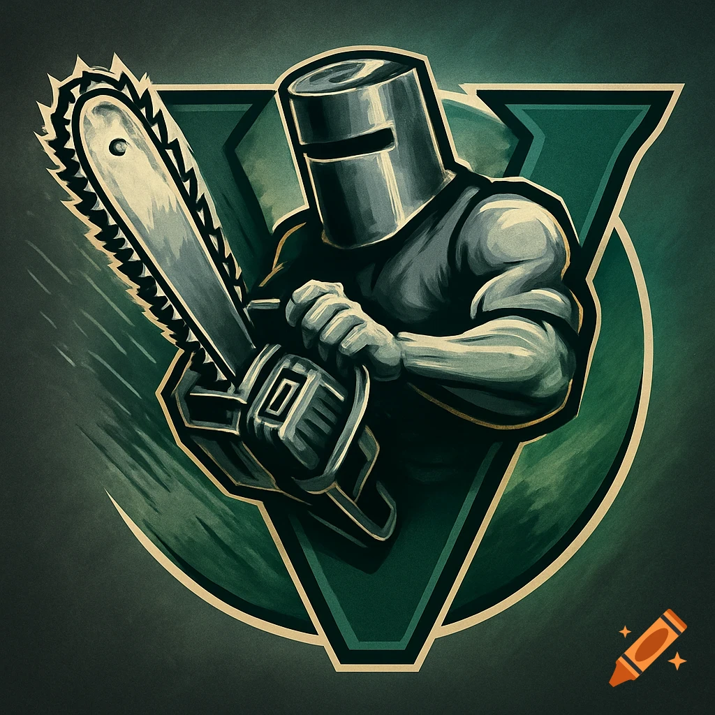 Stylized sports logo of a figure wearing a metal bucket helmet, holding a chainsaw, encased within a large green 'V' shape.