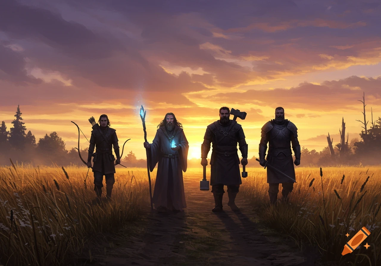 Four male fantasy characters, including an archer, wizard, blacksmith, and knight, walk along a path through a golden field at sunset.