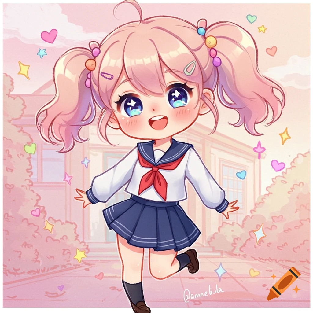A cute chibi anime girl with pink pigtails, wearing a sailor school uniform, smiles and skips in front of a school.