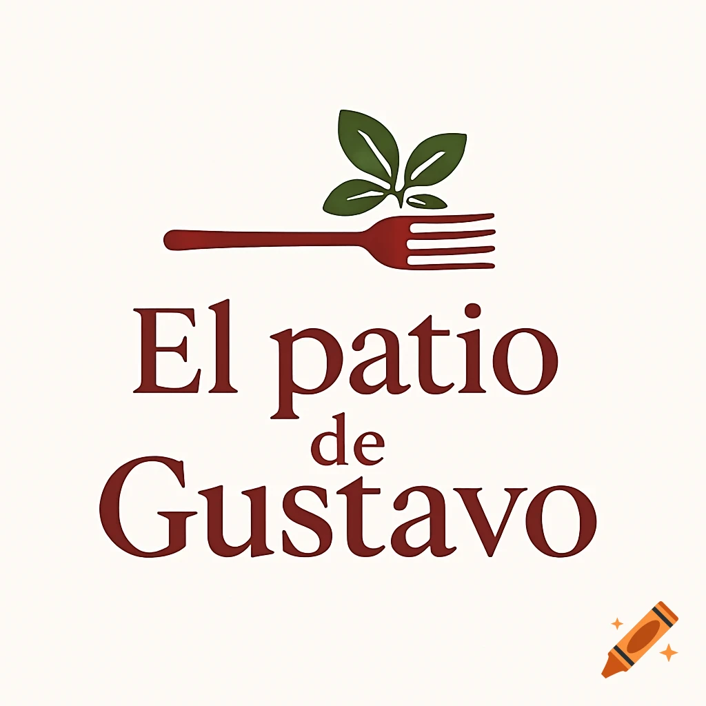 Minimalist restaurant logo with a red fork, green leaves, and the text "El patio de Gustavo" in dark red.