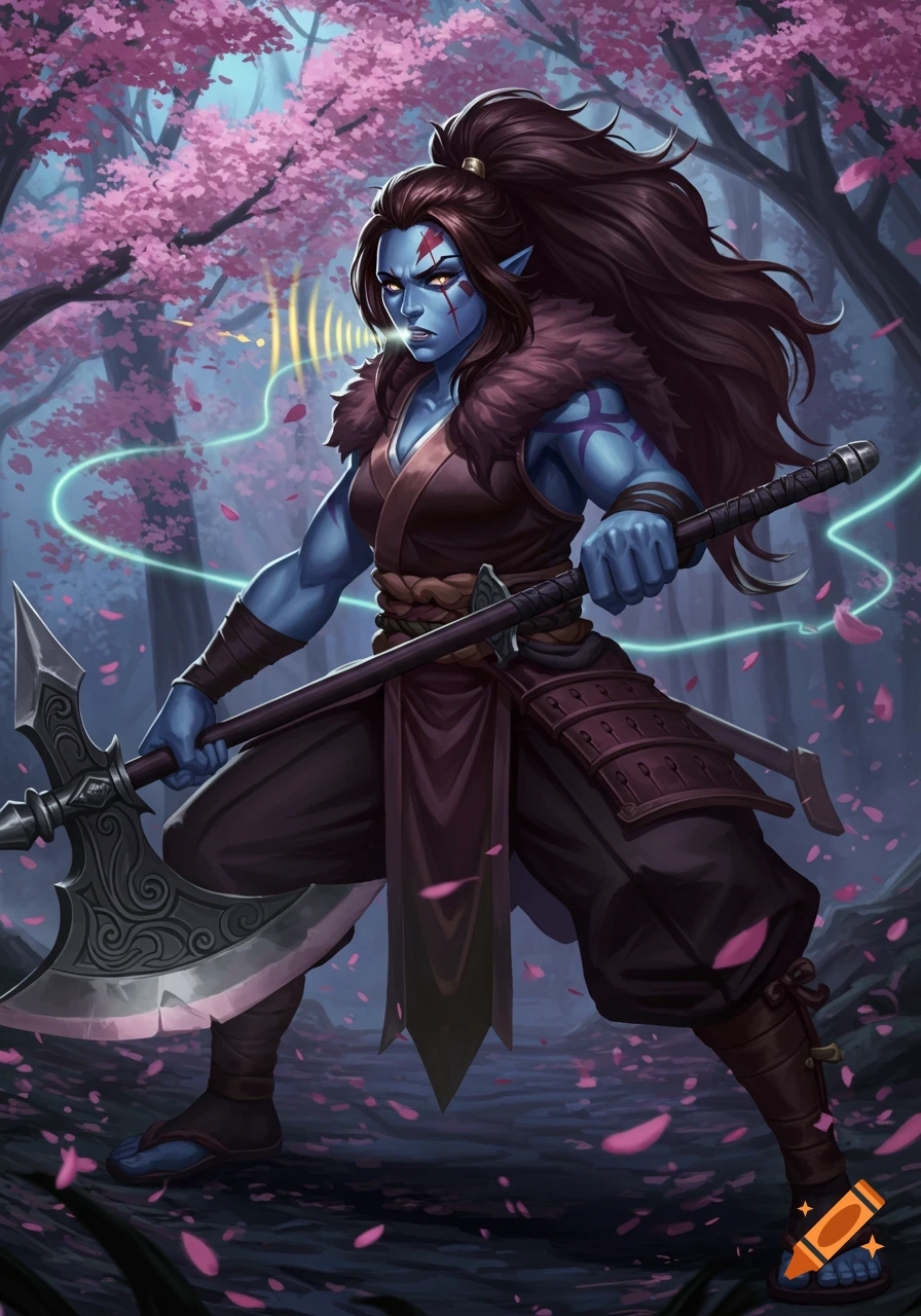 A blue-skinned female anime warrior with a scar, long dark hair, holding a battle axe in a cherry blossom forest.