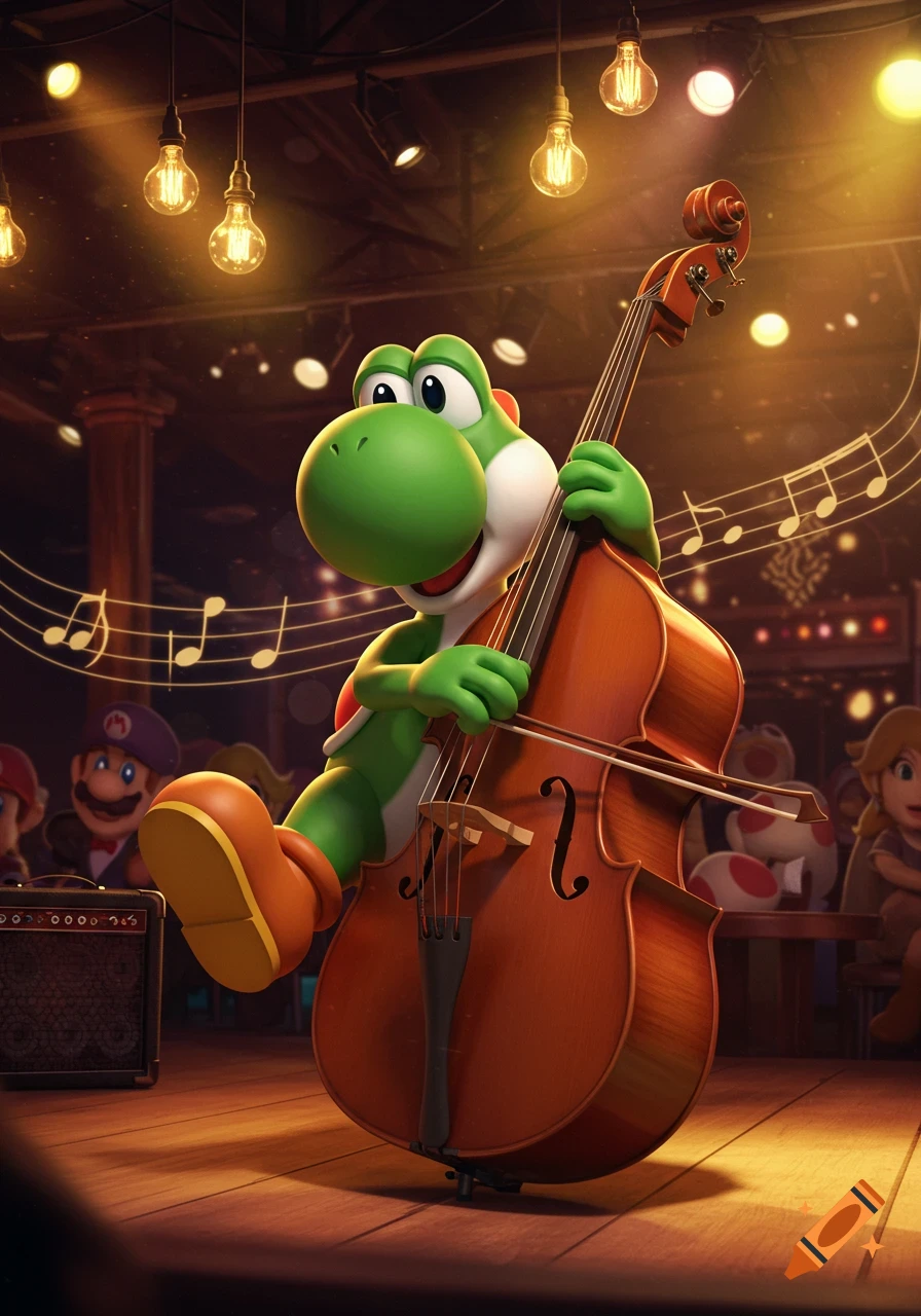 Yoshi, the green dinosaur from Nintendo, plays an upright bass on a brightly lit stage in a club, with Mario and other characters in the blurred background.