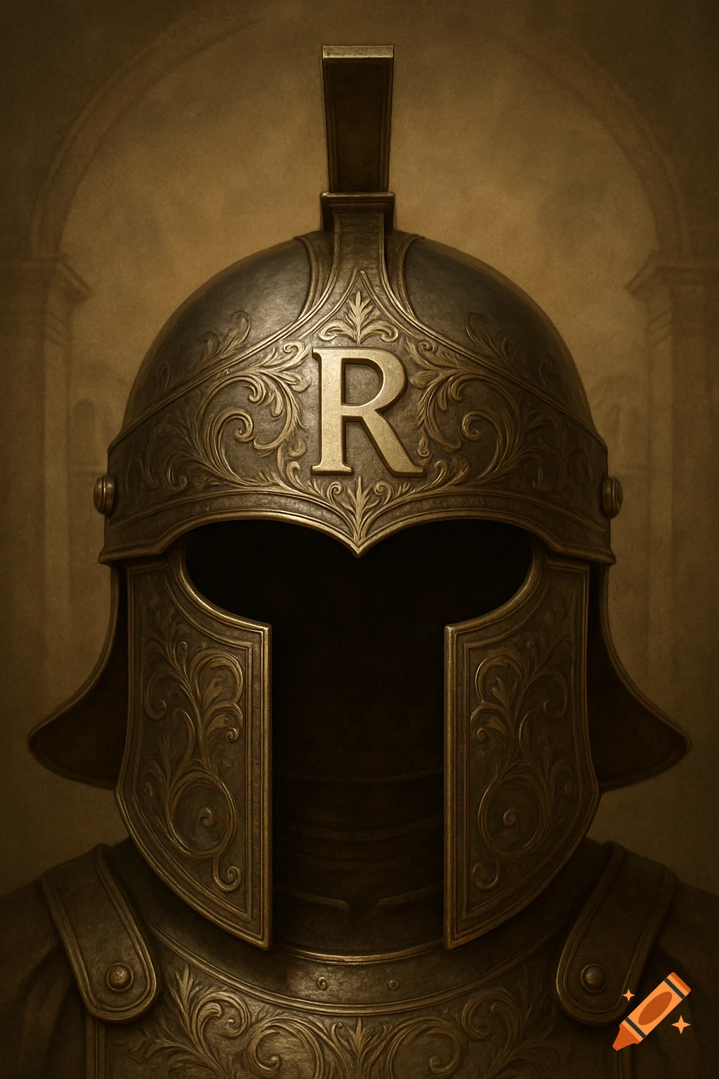 A detailed bronze Roman legion helmet with an ornate 'R' embossed on the front, set against a dark background.