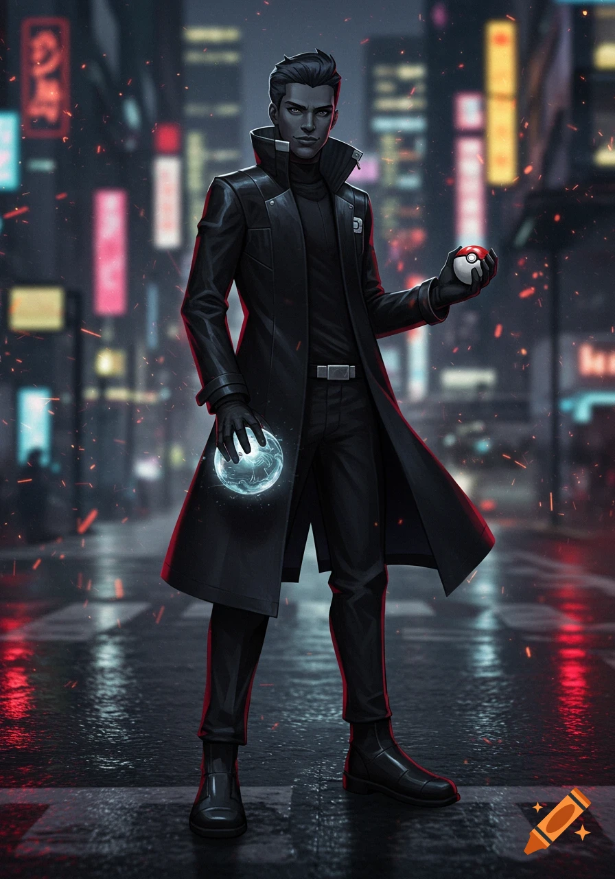 A dark-haired man in a black trench coat holds a Pokeball and glowing orb on a wet city street at night with neon lights.