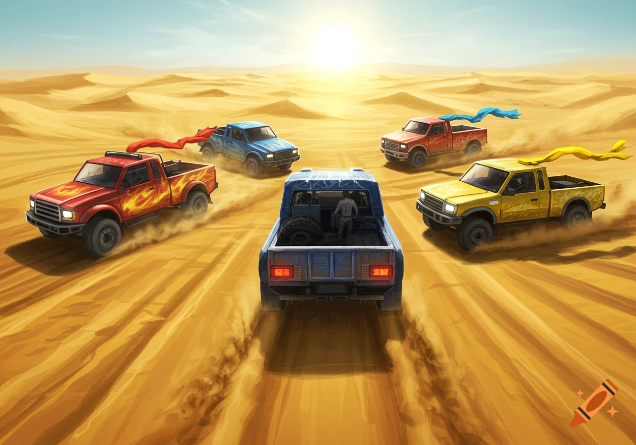 Five stylized trucks race across a vast sandy desert landscape under a bright, sunny sky.