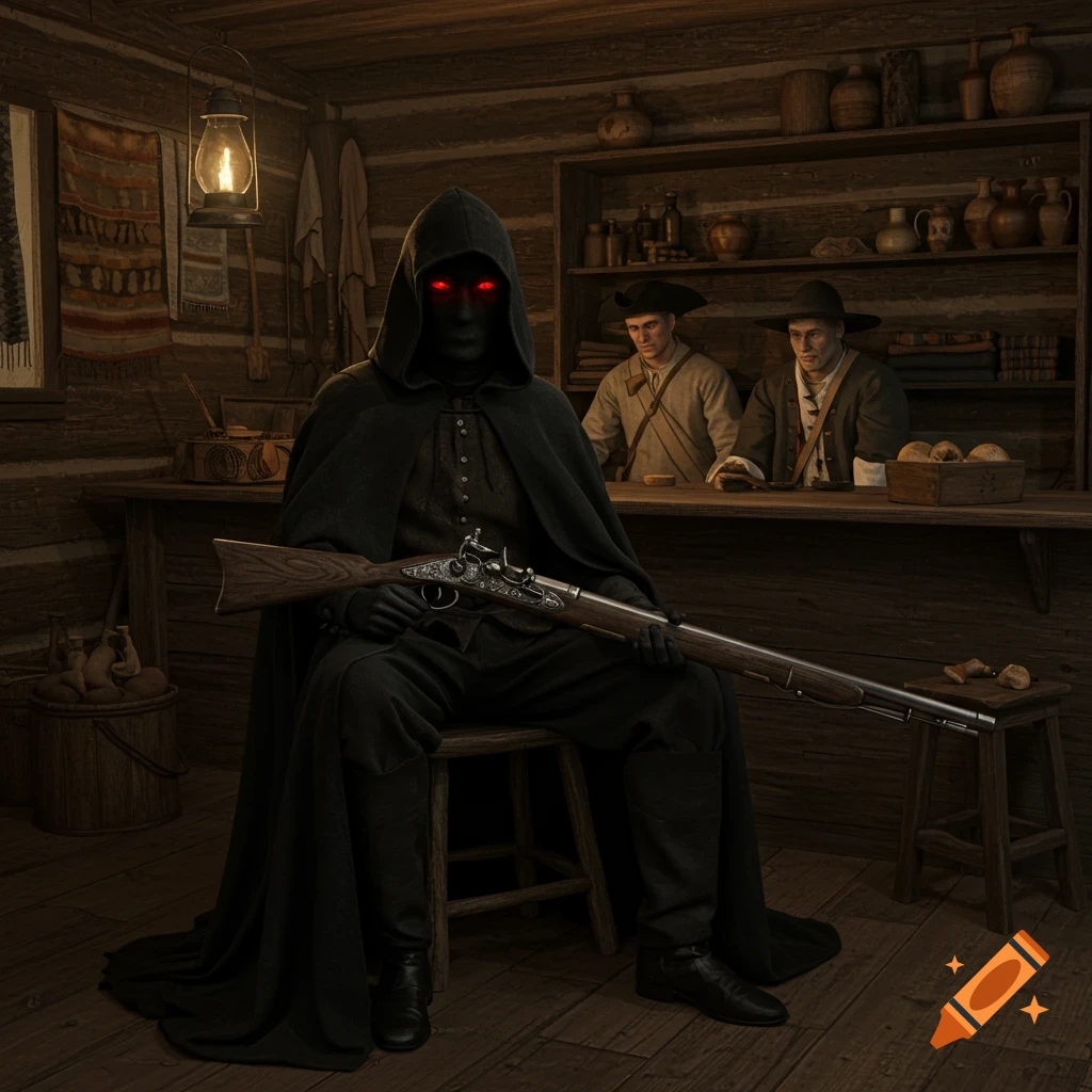 A dark hooded figure with glowing red eyes sits in a log cabin, holding a flintlock musket, with two men behind a counter.