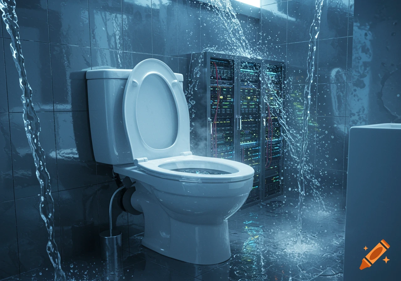 A toilet sits in a dark, tiled bathroom, with server racks visible behind it, as water cascades down from above, soaking the floor in a photorealistic style.