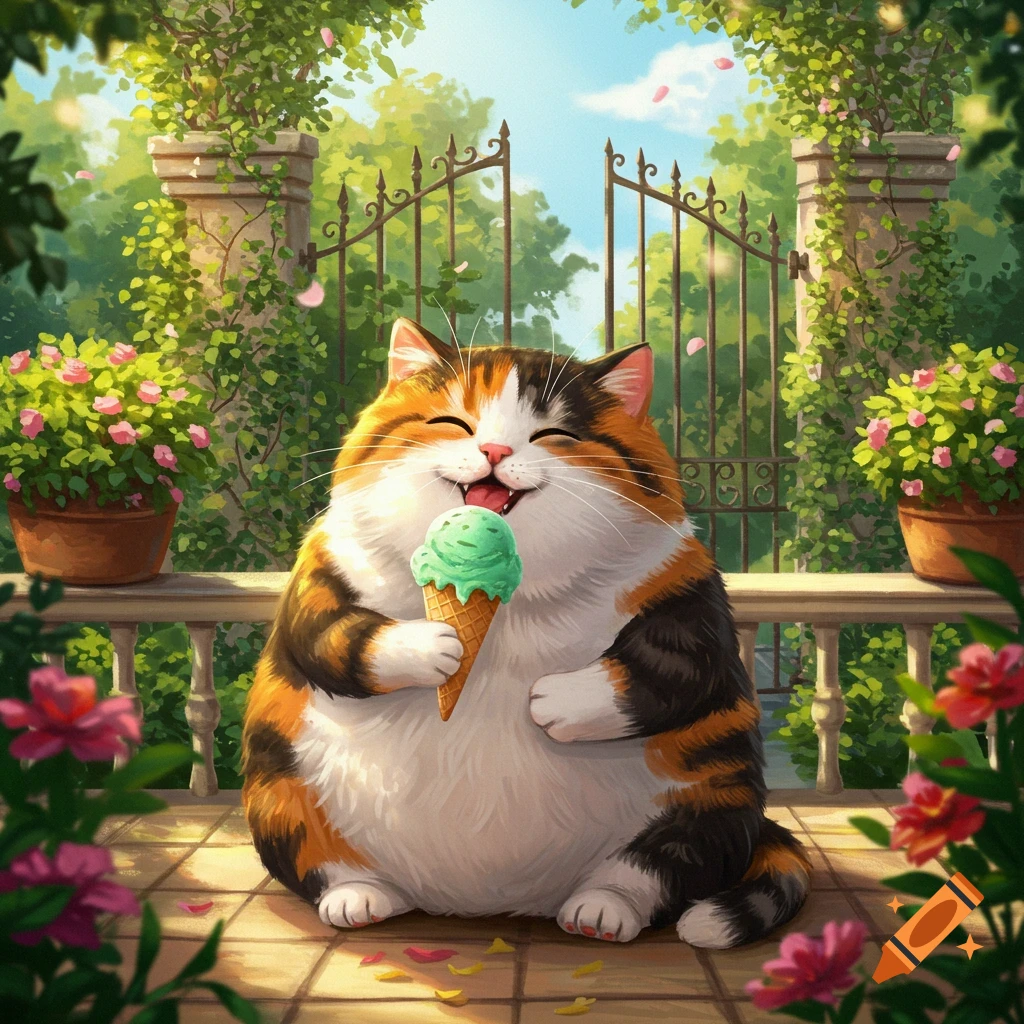 A fluffy calico cat happily eating a green ice cream cone on a patio in a lush garden, in a cartoon style.