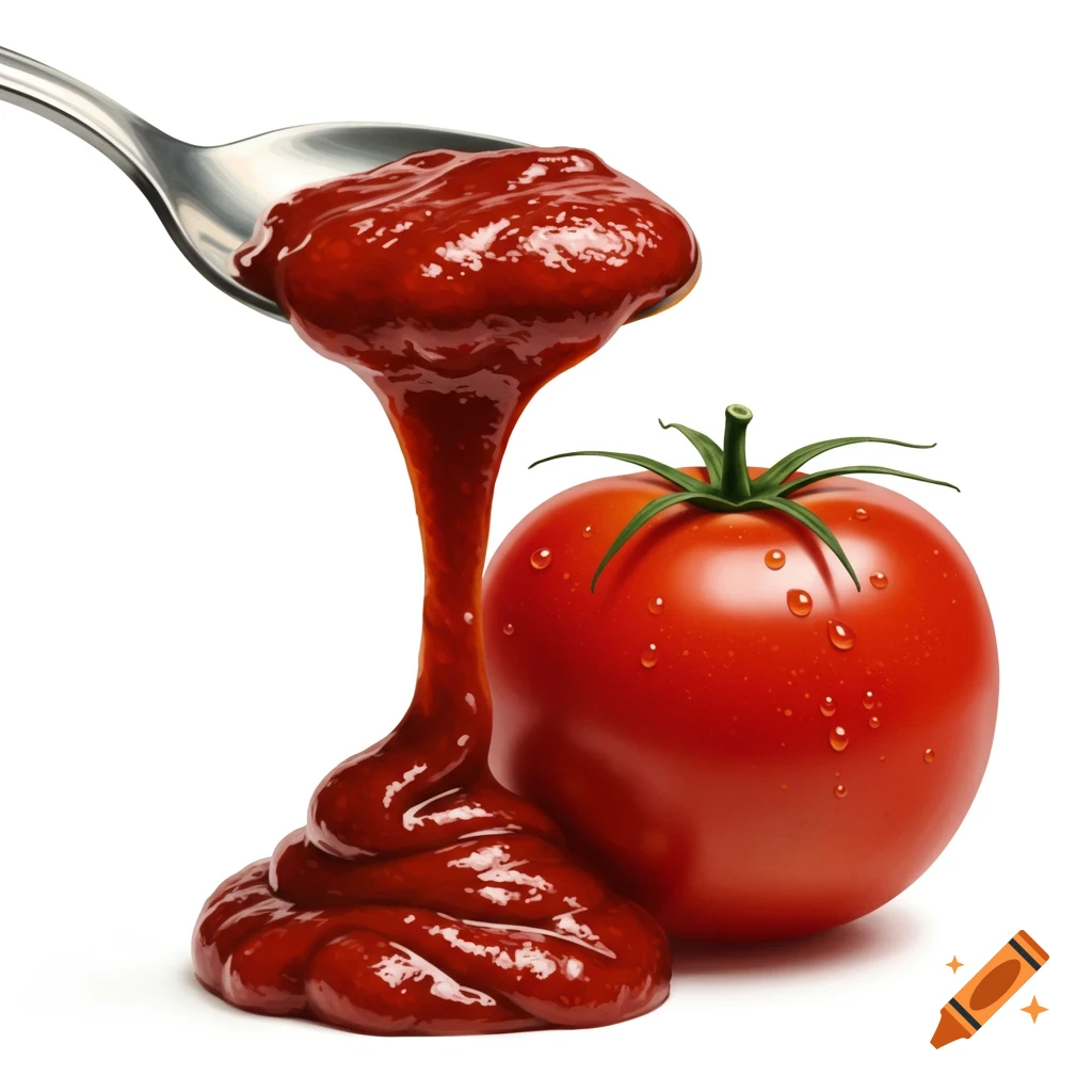 A spoonful of thick red sauce drips onto a white surface next to a fresh red tomato covered in water droplets.