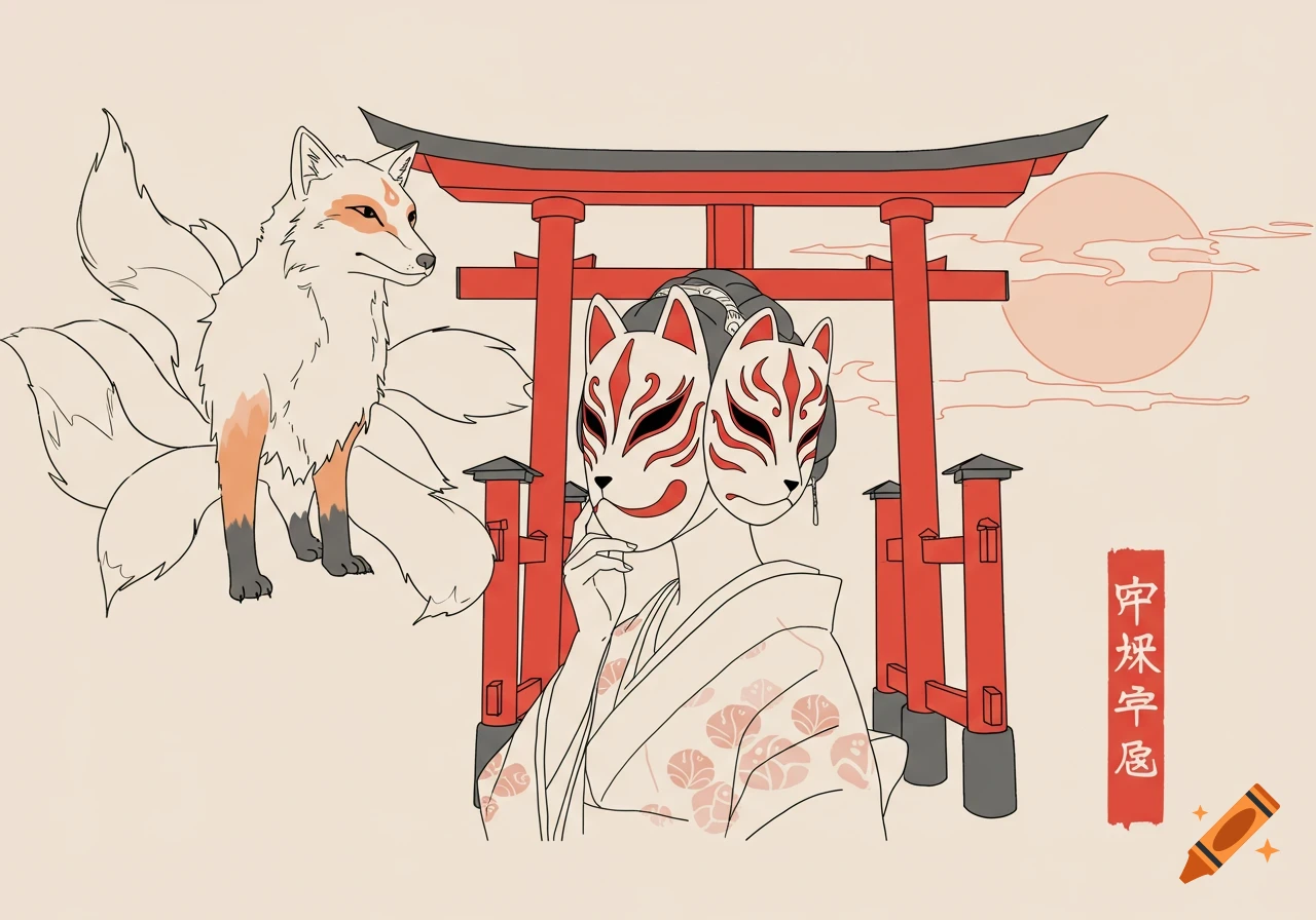 Stylized line art of a Japanese woman wearing two kitsune masks, with a red torii gate behind her and a nine-tailed fox beside her, against a light background with a red sun.