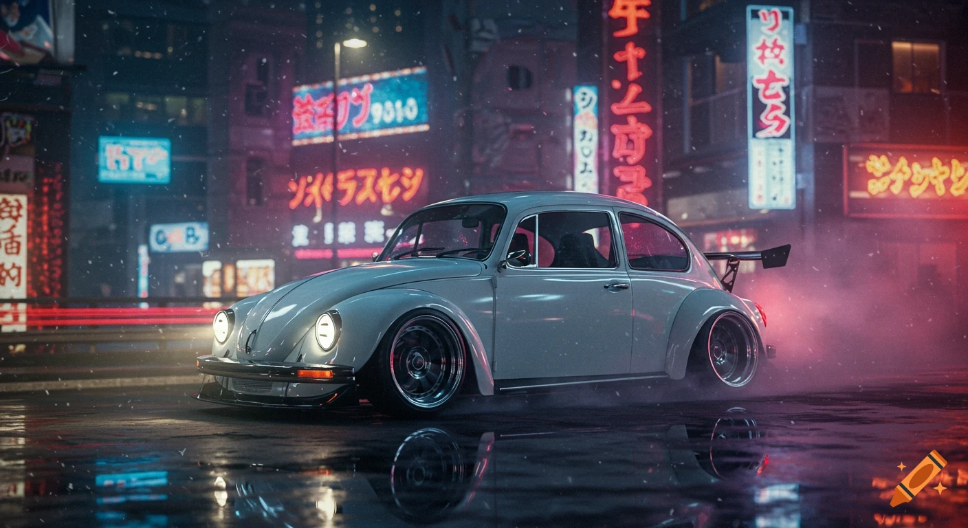 A modified white Volkswagen Beetle on a wet, neon-lit Tokyo street at night, with reflections.
