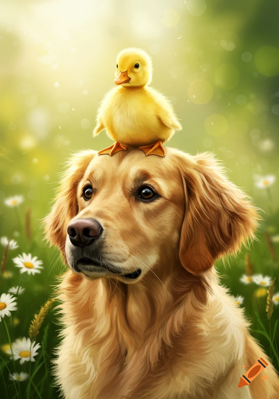 A Golden Retriever dog with a fluffy yellow duckling perched on its head, in a sunlit field with white daisies.