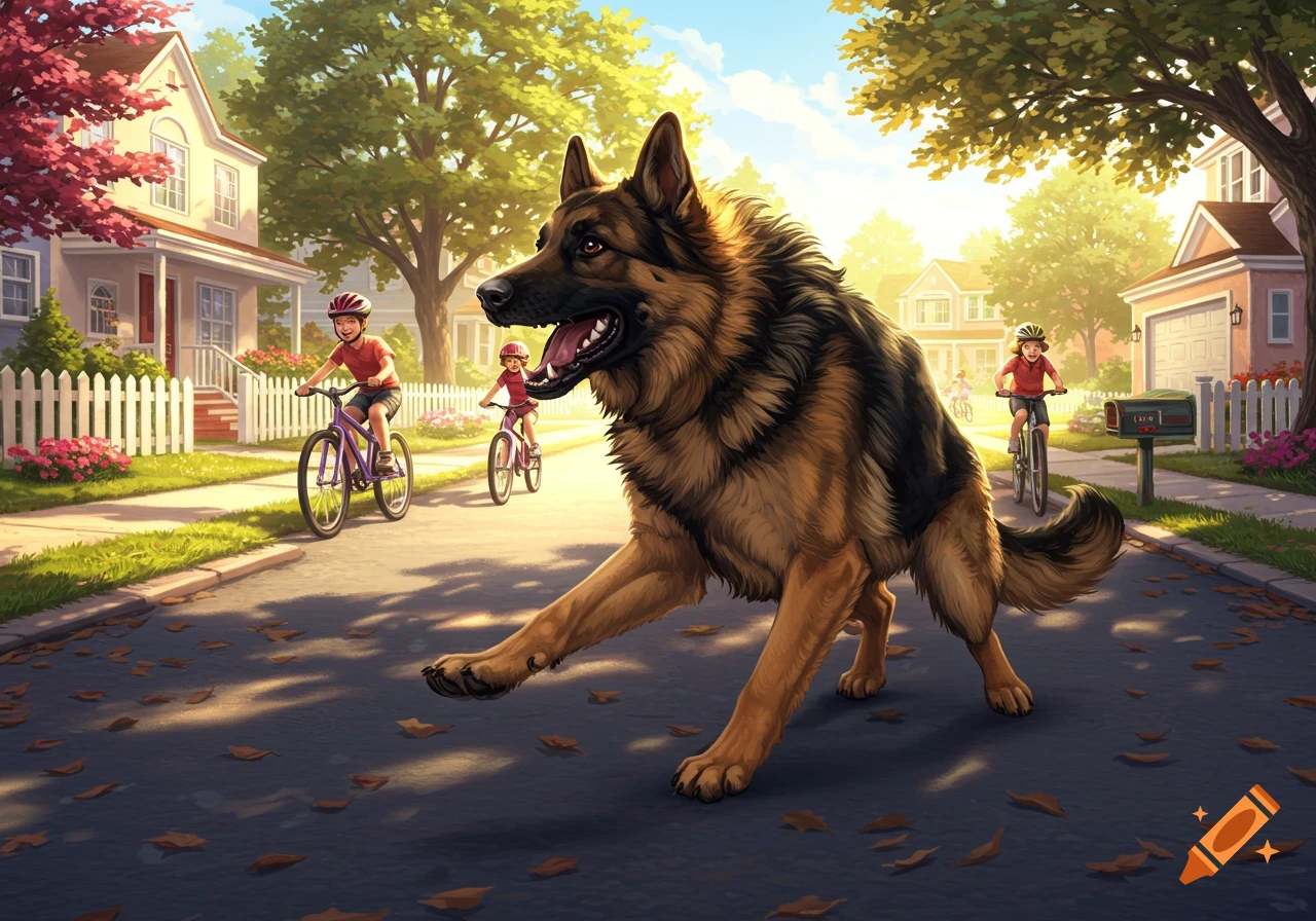 A large German Shepherd runs on a street as three children ride bicycles in a sunny suburban neighborhood, digital art style.
