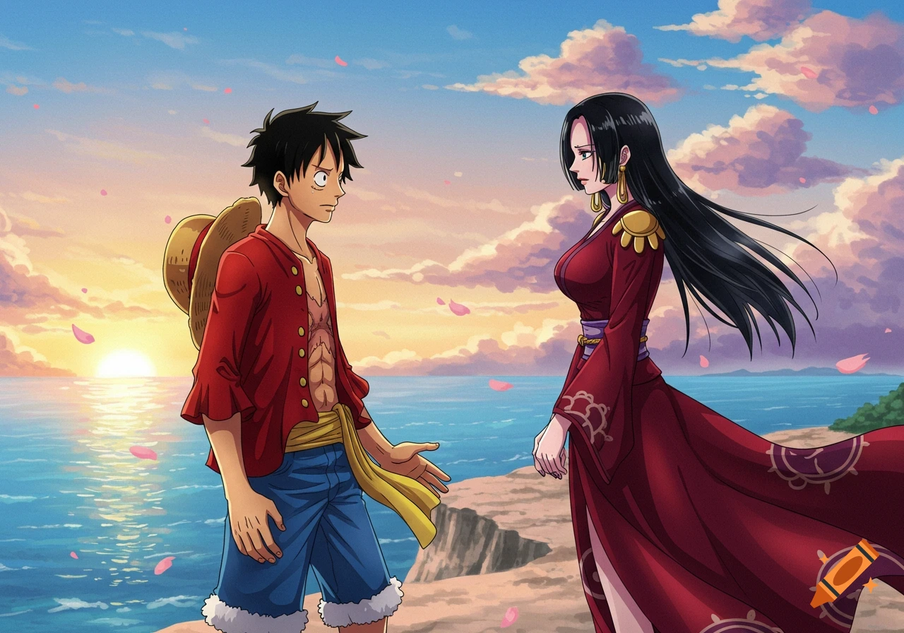 Anime characters Luffy and Hancock stand on a cliff overlooking the ocean at sunset with falling pink petals.