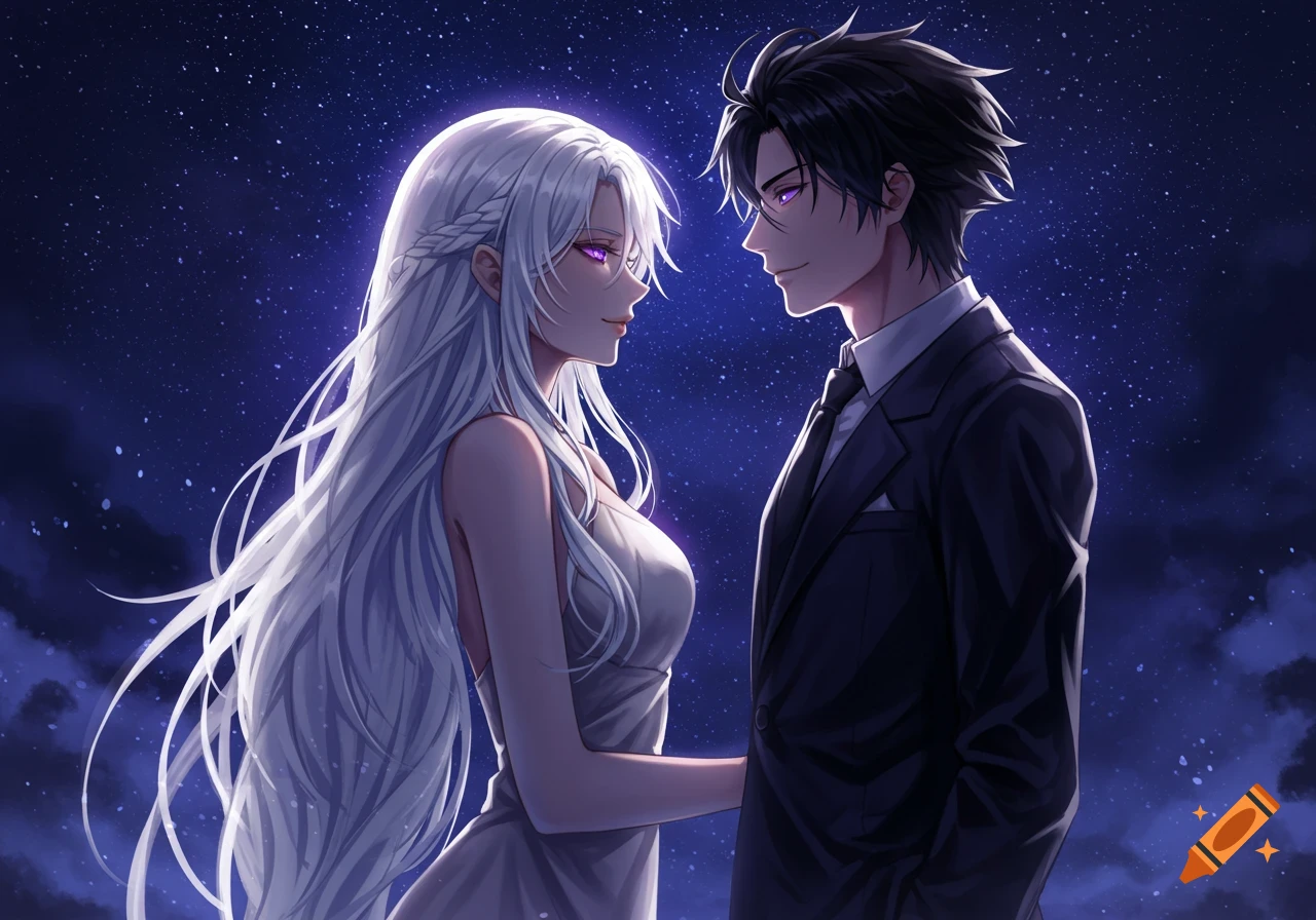 An anime couple, a man in a suit and a woman in a white dress, gaze at each other under a starry night sky.