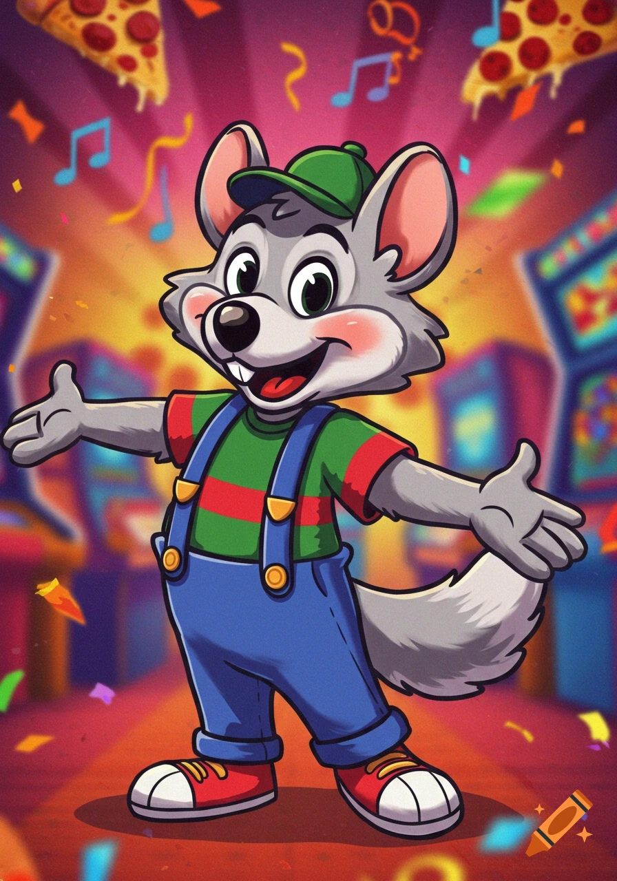 Cartoon wolf-like character resembling Chuck E. Cheese smiling in a vibrant party setting with pizza, music notes, and confetti.