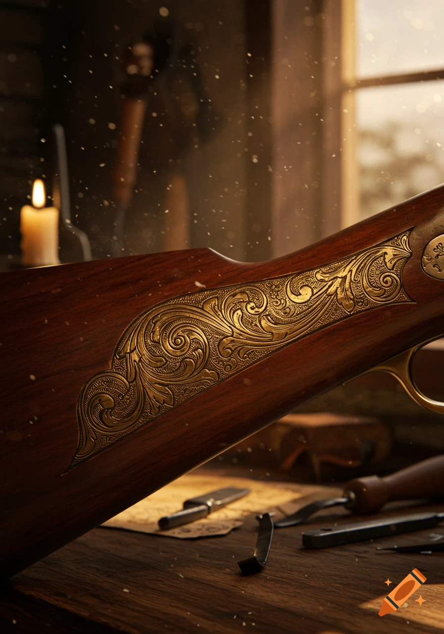 Close-up of an ornately engraved wooden rifle stock on a wooden table with tools and a candle in a sunlit workshop.