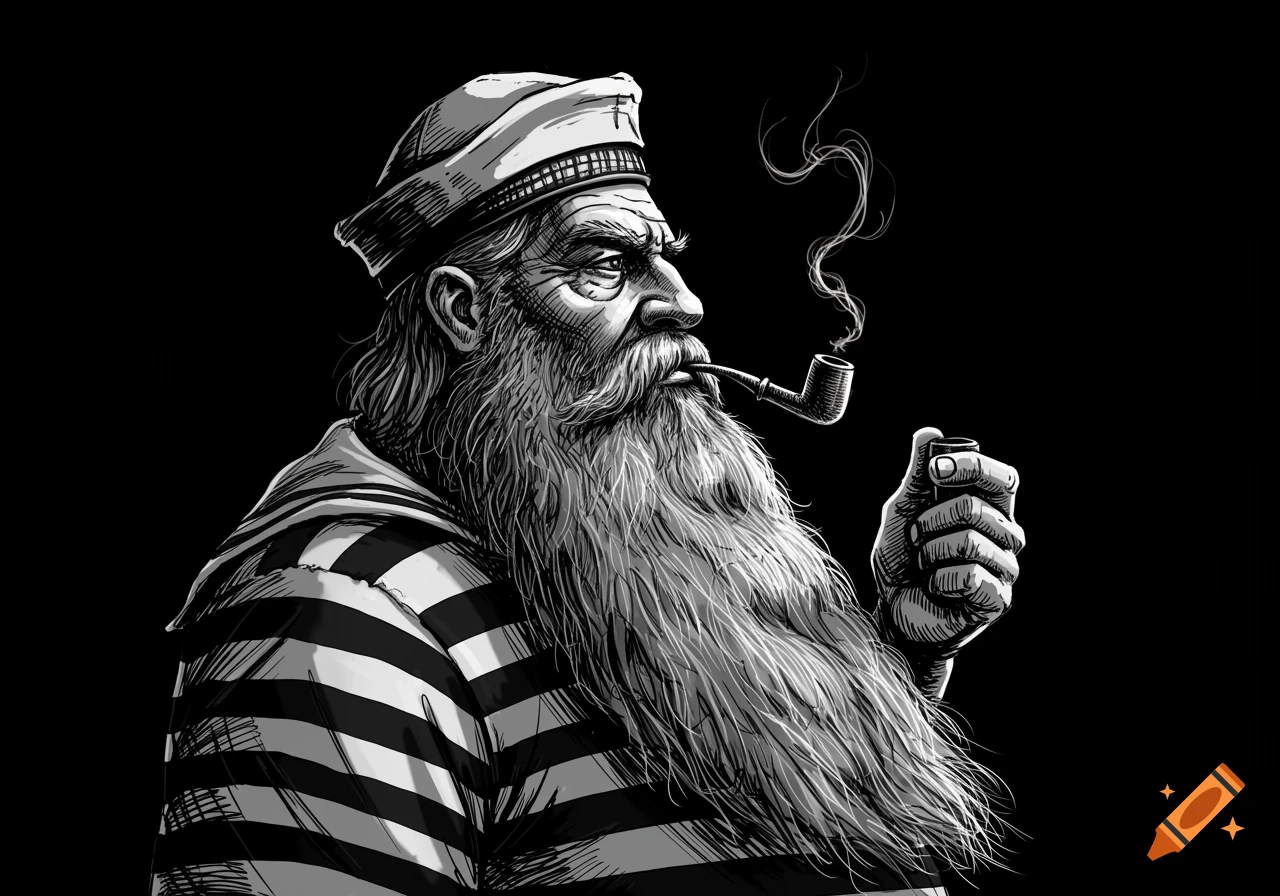 A detailed black and white illustration of an old, bearded sailor in a striped shirt, smoking a pipe.