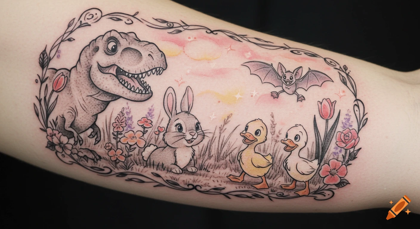 A colorful Disney-inspired tattoo on an arm featuring a T-Rex, bunny, bat, and two ducklings among flowers and vines.