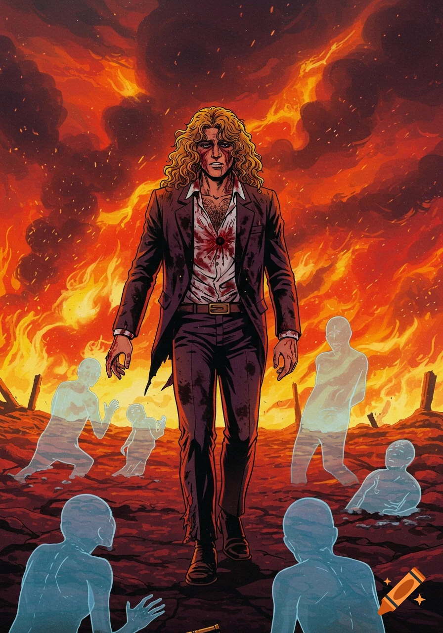 A long-haired man with a bloody bullet wound walks through a fiery, ash-filled landscape, surrounded by translucent figures, in a retro anime comic style.