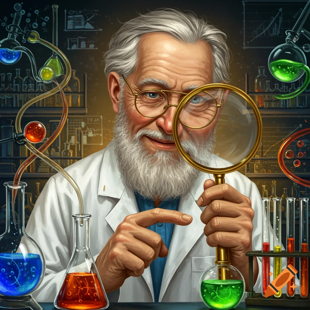 Elderly scientist in lab coat holding a magnifying glass, surrounded by colorful scientific equipment, looking directly at the viewer.