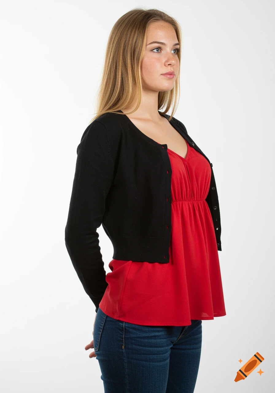 A young blonde woman wearing a black cardigan, red blouse, and jeans, posing against a white background.