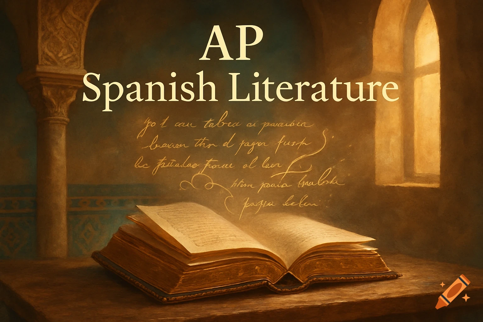 An open book on a wooden table in an old room with text "AP Spanish Literature" floating above it. Handwritten script is on the wall, and a window is on the right.