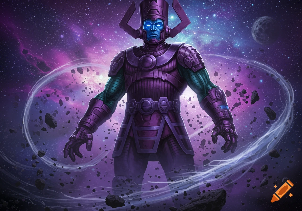 Galactus, a large cosmic being in purple and green armor, stands in a vibrant purple galaxy filled with stars and debris.