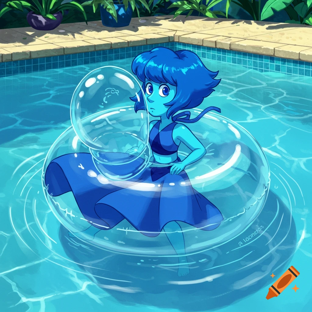 Anime character Lapis Lazuli floats in a clear inflatable ring in a swimming pool.