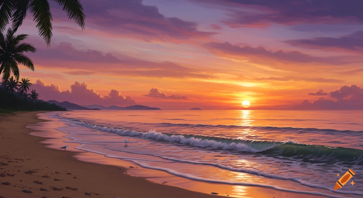 A beautiful vibrant sunset over a tropical beach with palm trees, gentle waves, and a golden sky.