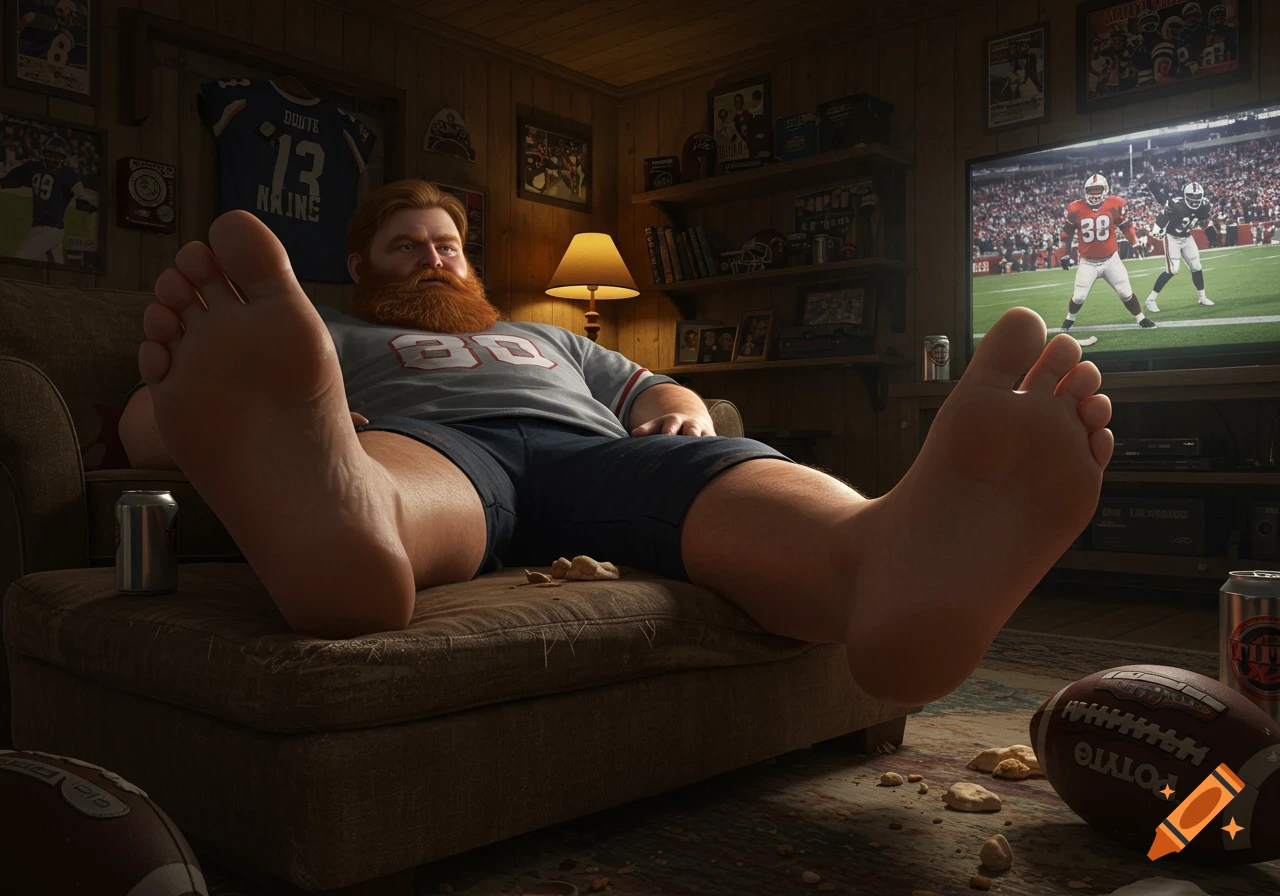 Photorealistic image of a large, bearded man relaxing on a couch with his bare feet prominently displayed, watching football in a messy man cave.